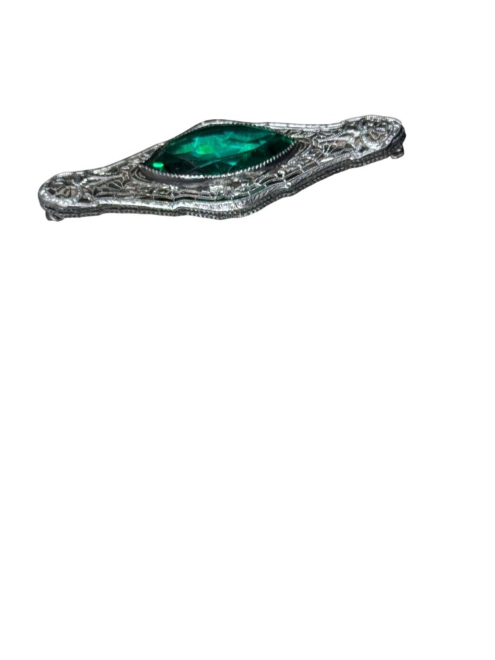 Antique 14k White Gold Filigree Brooch Emerald Green Glass Stone Art Deco 2.5" - Picture 7 of 11